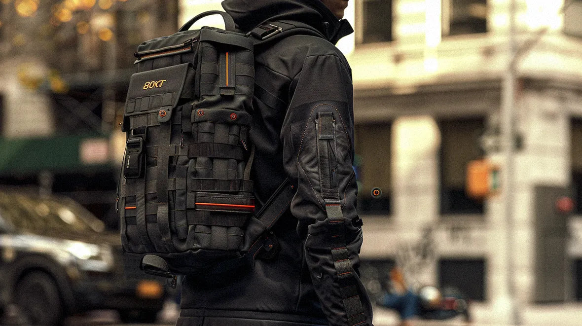 man wearing techwear backpack