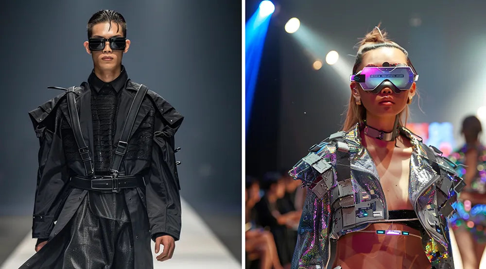 a man and a woman in cyberpunk outfit during a runway