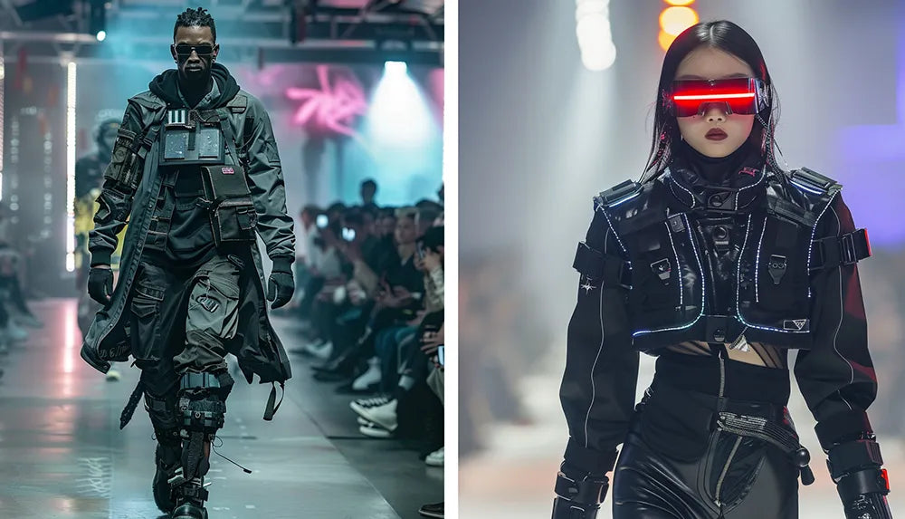 a man and a woman in cyberpunk clothes during a runway