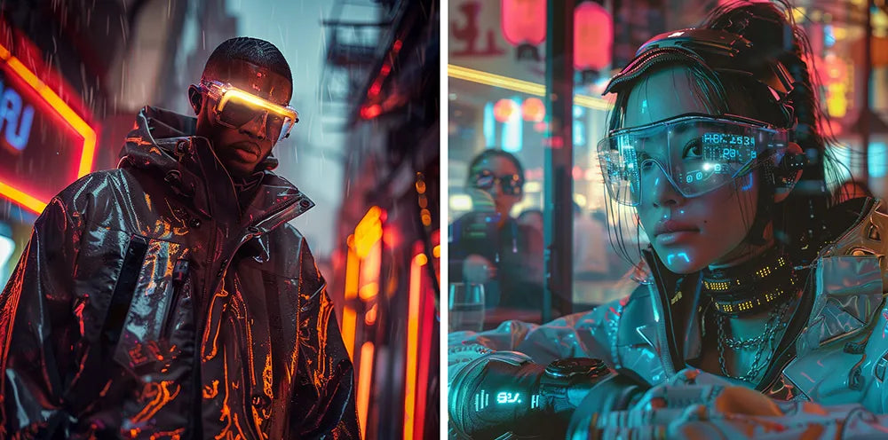 a woman and a man in cyberpunk outfit