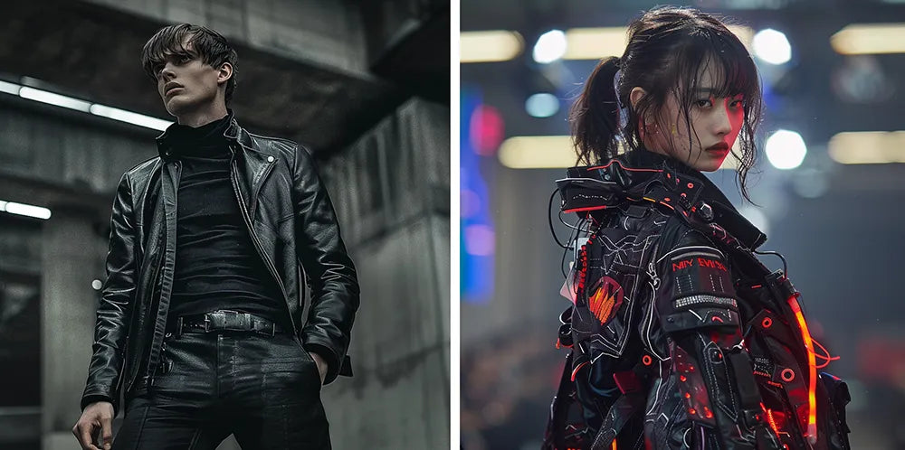 a woman and a man in cyberpunk fashion outfit