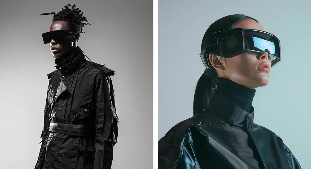 a woman and a man in cyberpunk clothes