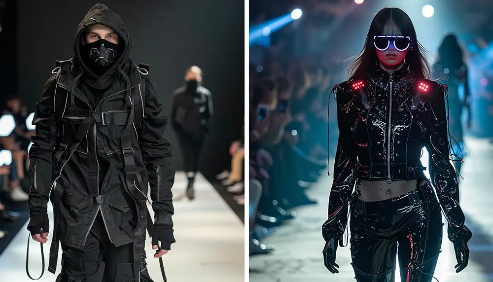 a man a,d woman in cyberpunk clothes during a runway