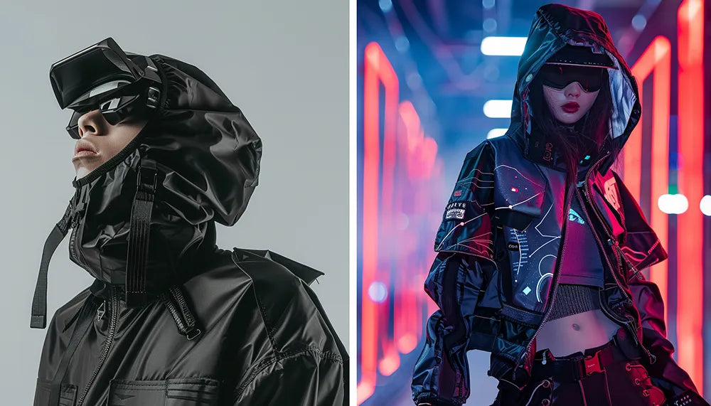 a man and a woman in cyberpunk outfit