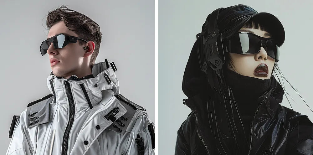 a man and a woman wearing goggles and cyberpunk clothes