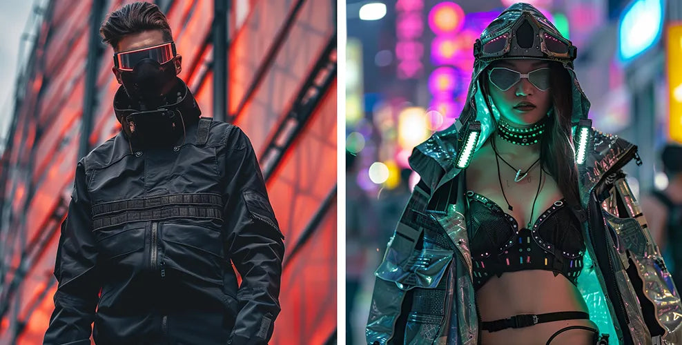 a woman and a man wearing cyberpunk outfits