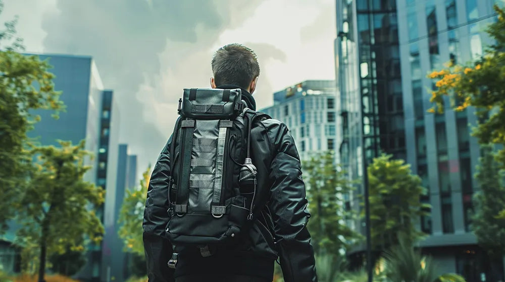 a man with a cyberpunk backpack in a park
