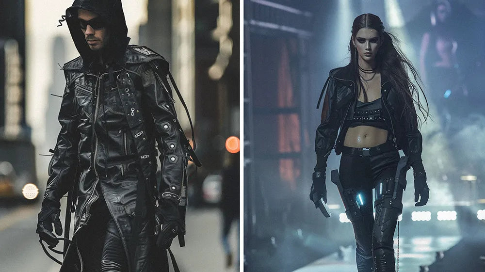 a man and a woman Walking with cyberpunk fashion clothes