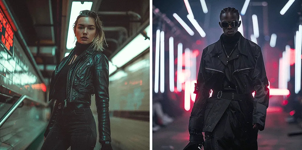 a woman and a man in cyberpunk outfit