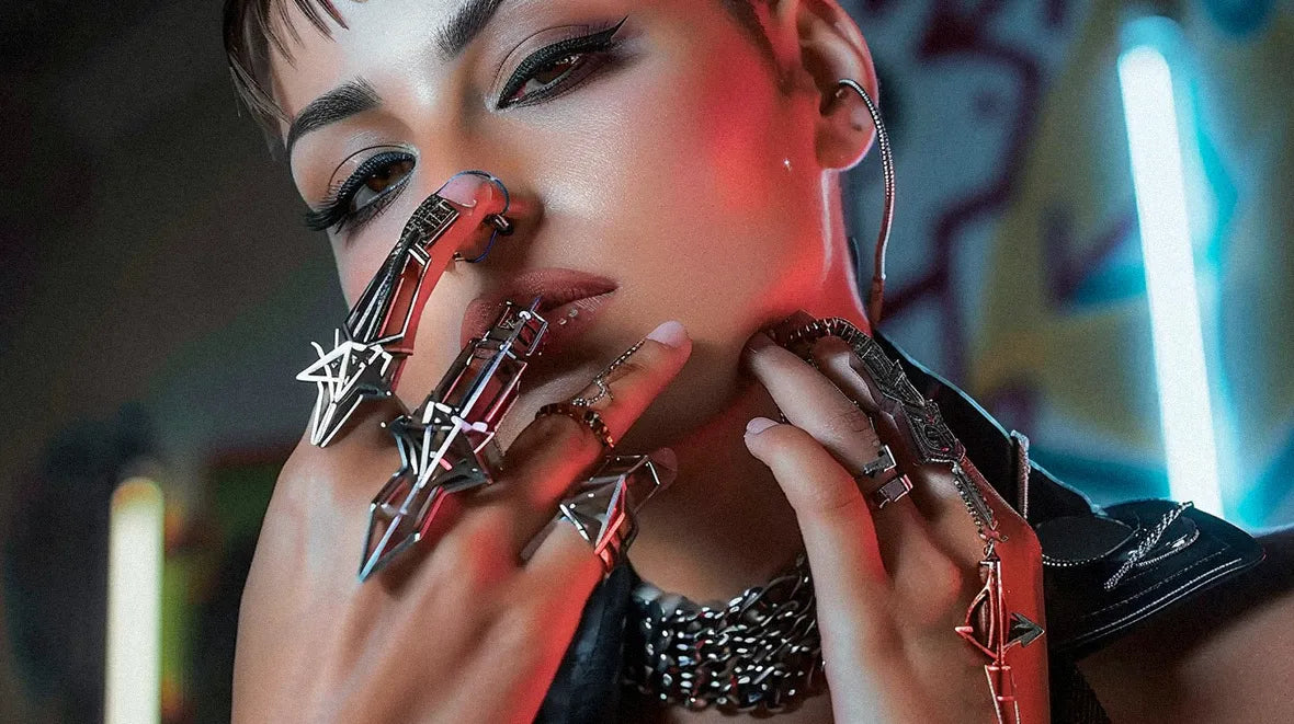 a woman with cyberpunk jewelry