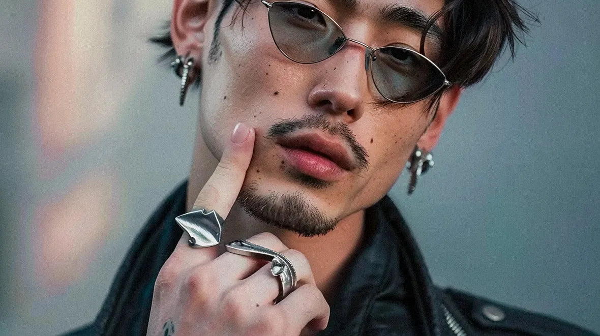 asian man with cyberpunk jewelry on the fingers