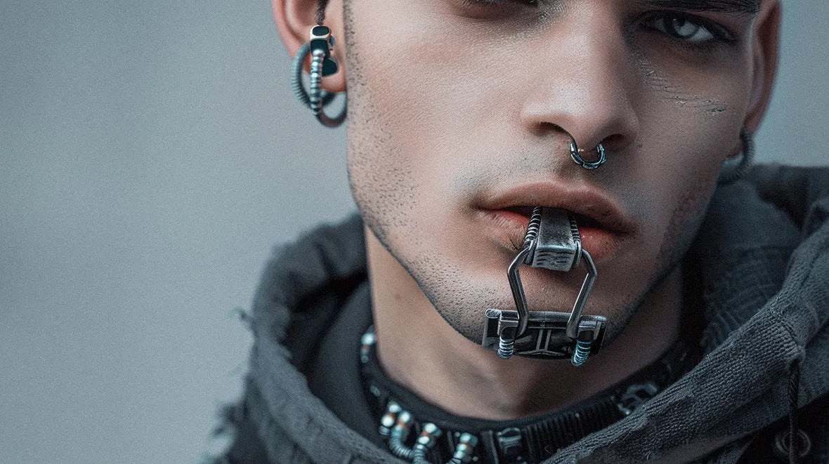 face of a man with cyberpunk jewelry