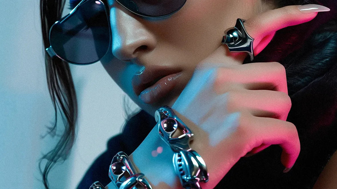 a woman with cyberpunk jewelry