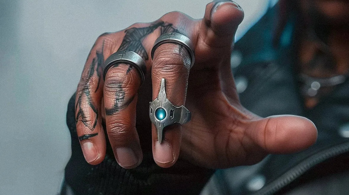 a hand with cyberpunk Jewelry