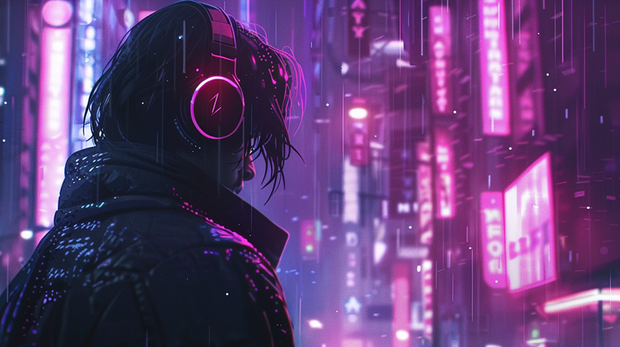 man listening music in cyberpunk city