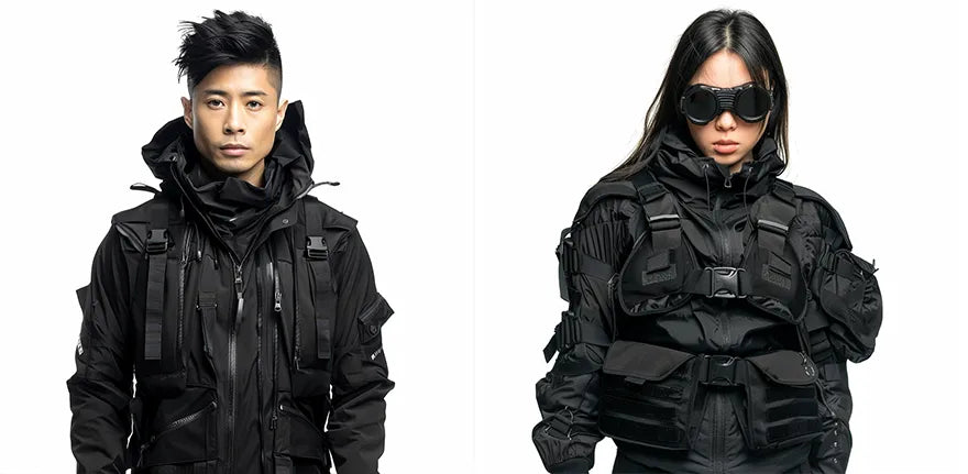 a woman and a man in techwear outfits