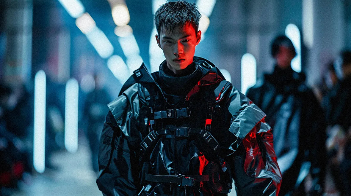 man wearing a cyberpunk techwear jacket