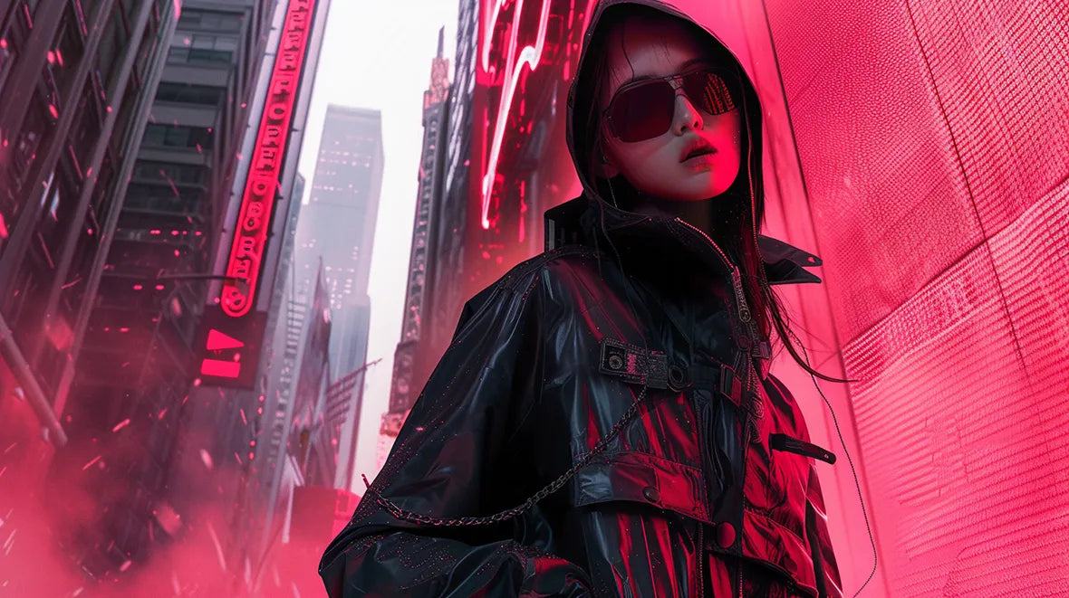 woman in techwear outfit in cyberpunk environment