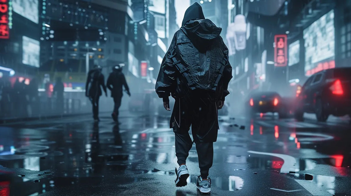 man in techwear outfit in cyberpunk environment