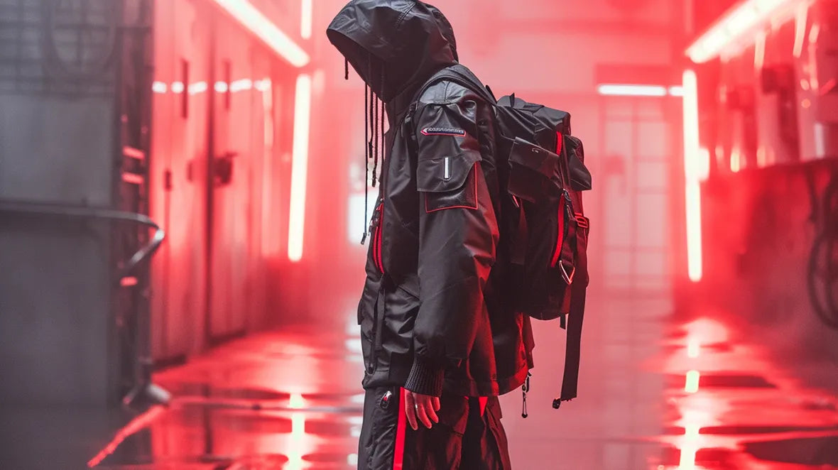man in techwear outfit in cyberpunk environment