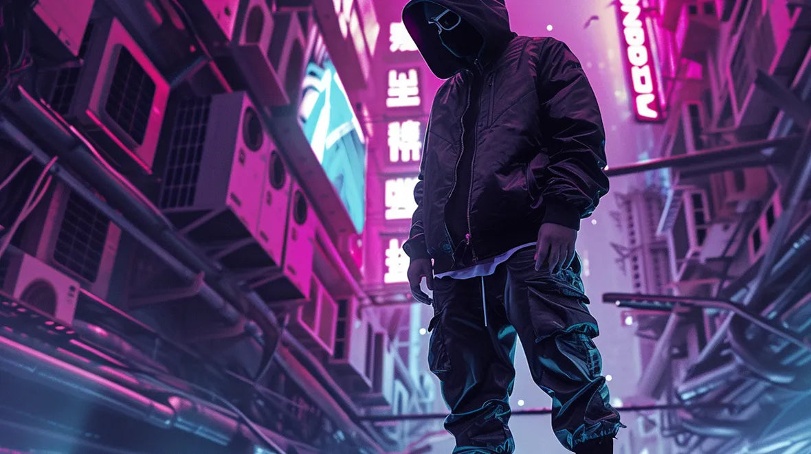 man in techwear outfit with cyberpunk aesthetic