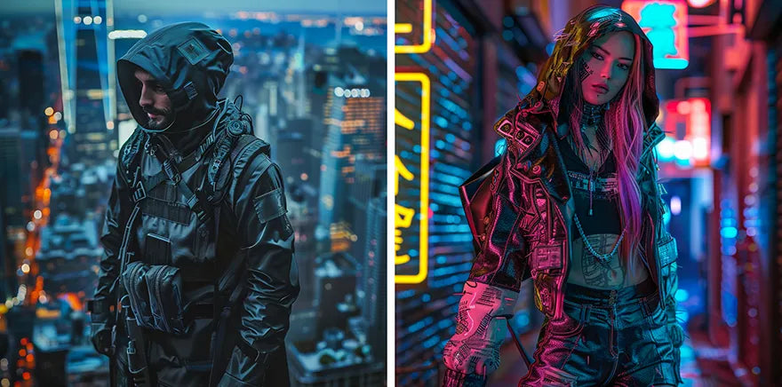 a man and a woman in cyberpunk outfit with city in background
