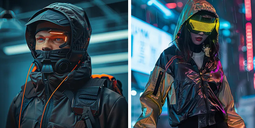 a man and a woman in cyberpunk outfit