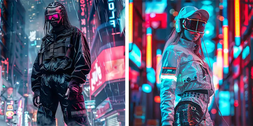 a man and a woman in cyberpunk outfit