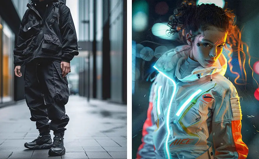 a man and a woman in cyberpunk outfit