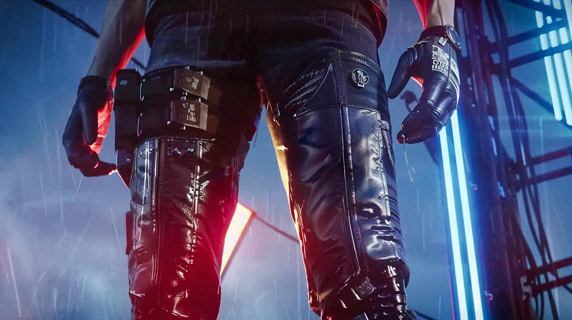 a futuristic cyberpunk pants on a man with cyber arm