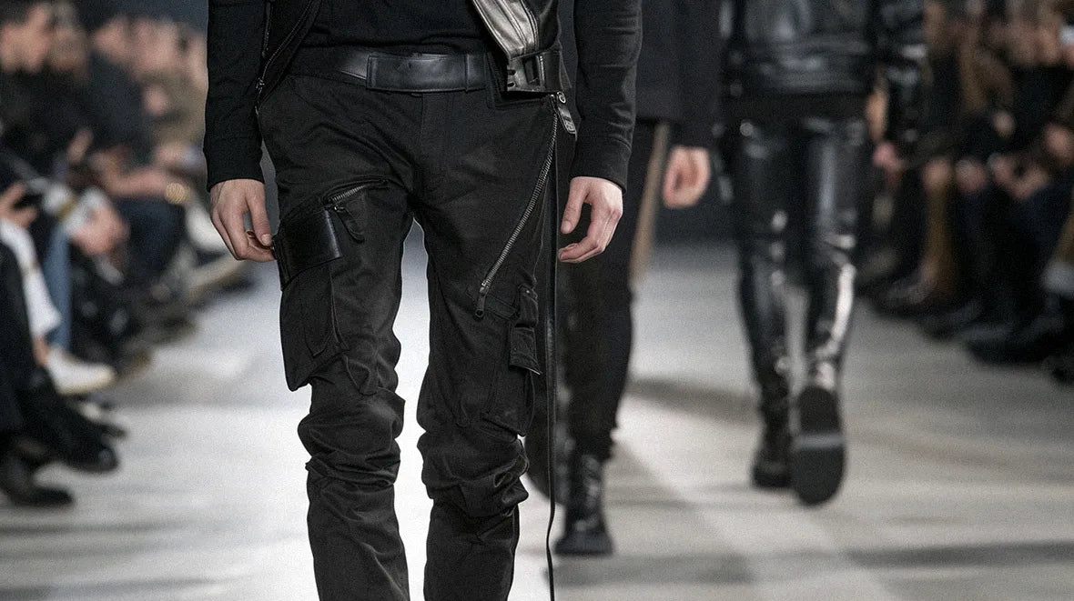 man wearing a black cyberpunk pants during a runway