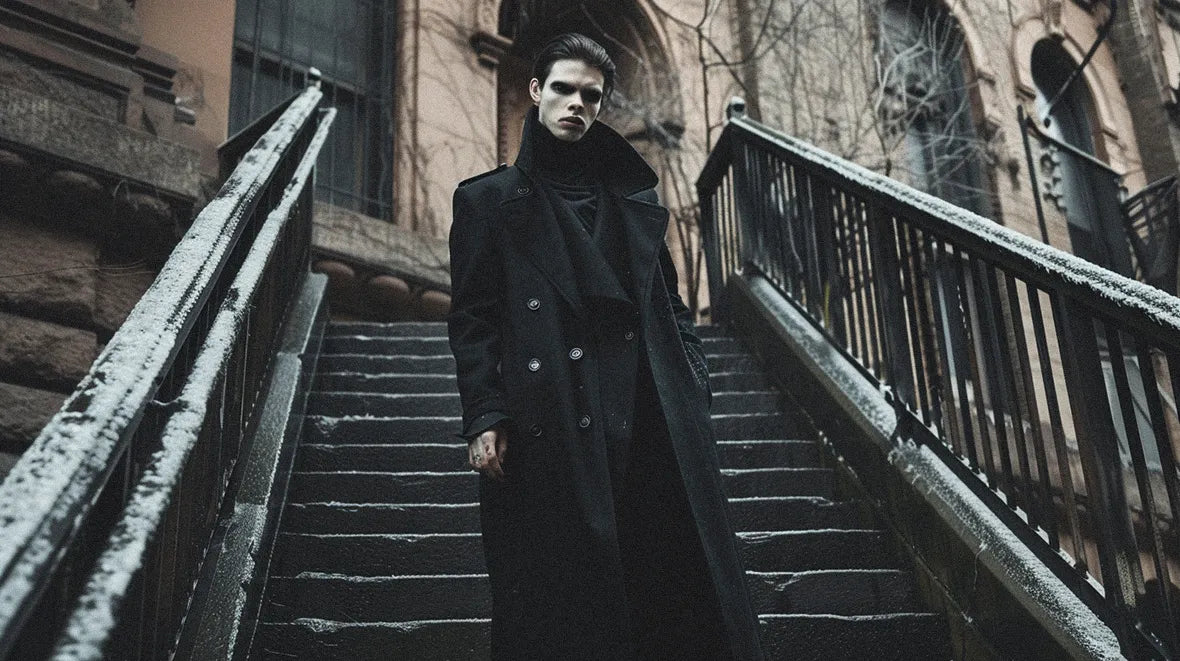 man wearing darkwear clothing in front of stairs