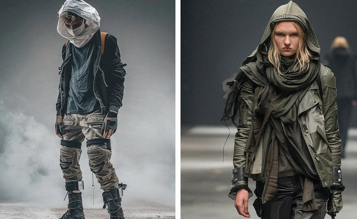 Male and female models wearing dystopian clothes, blending fashion and survival gear.