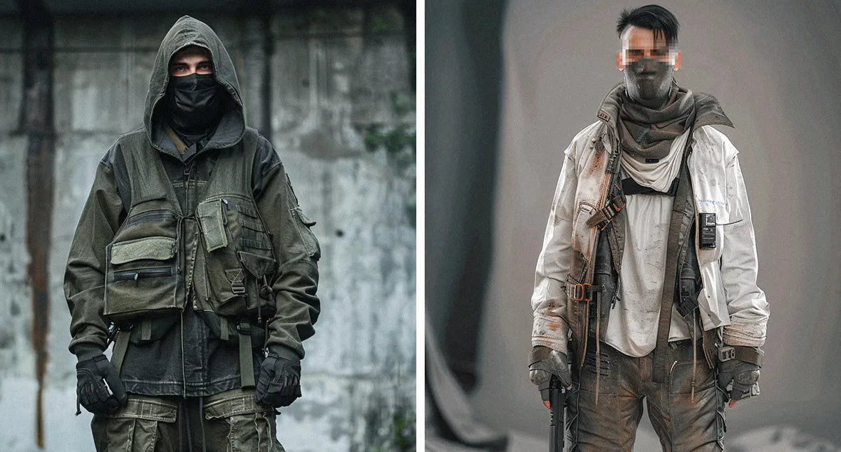 two men in a blend of fashion and functionality in this dystopian clothes outfit.