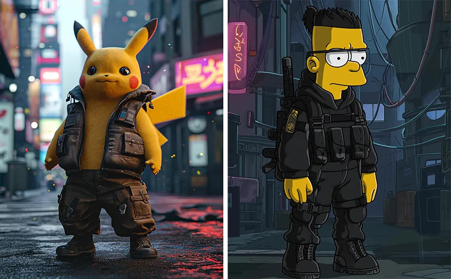 Pikachu and Bart Simpson in techwear outfits