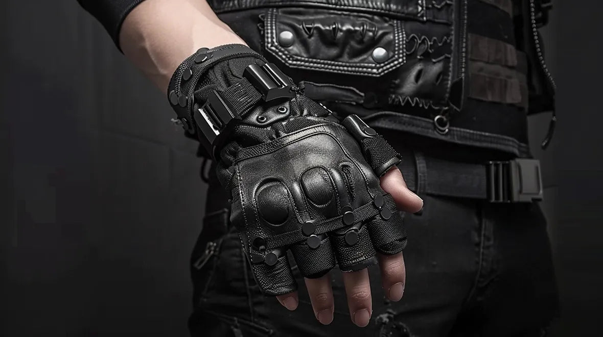 a man wearing black techwear fingerless gloves
