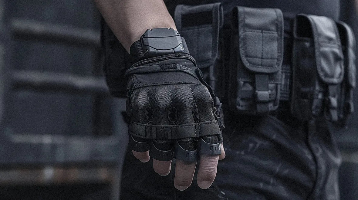The fingerless techwear gloves presented are black, fingerless, and have a rugged appearance, suggesting they are meant for techwear style