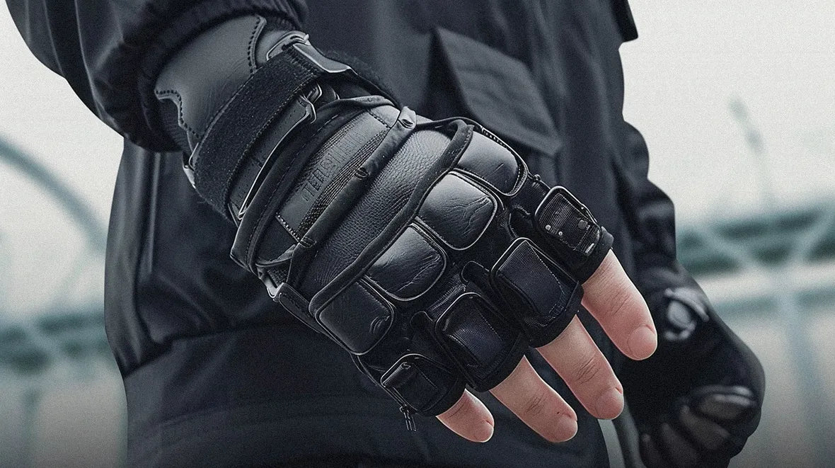 Designed for utility, these black fingerless gloves with secure fastenings offer both protection and dexterity for the hands.