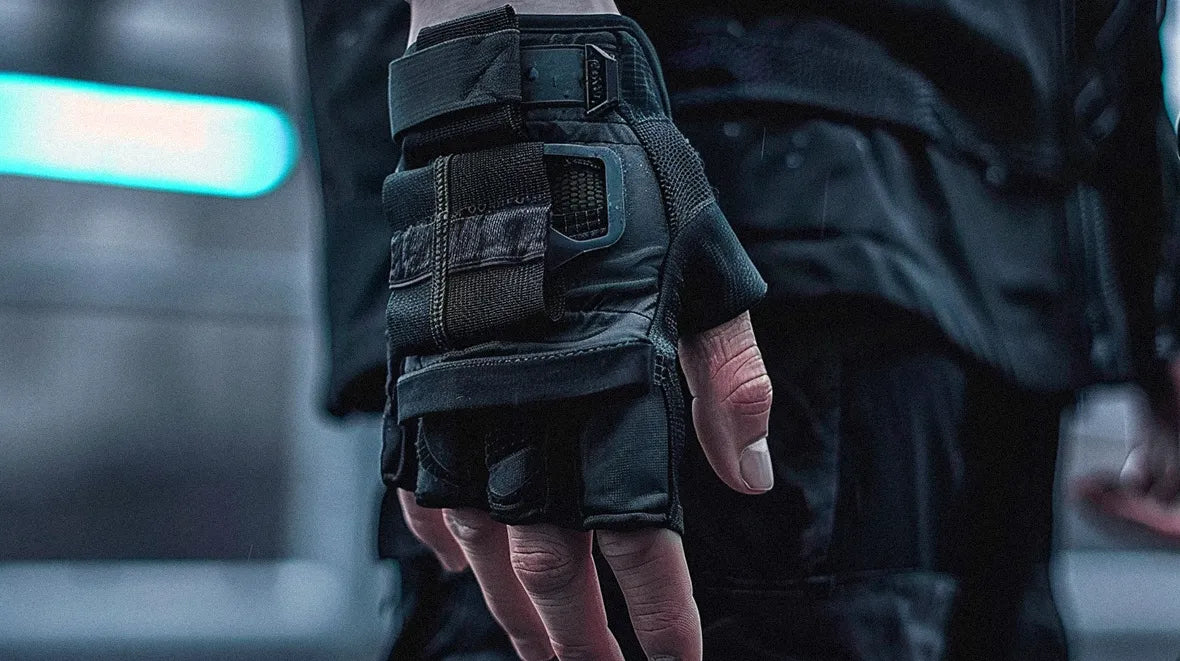 The focus of the image is on techwear gloves with a fingerless cut, providing ease of motion while sporting protective padding.