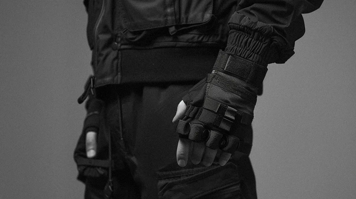 black techwear fingerless gloves