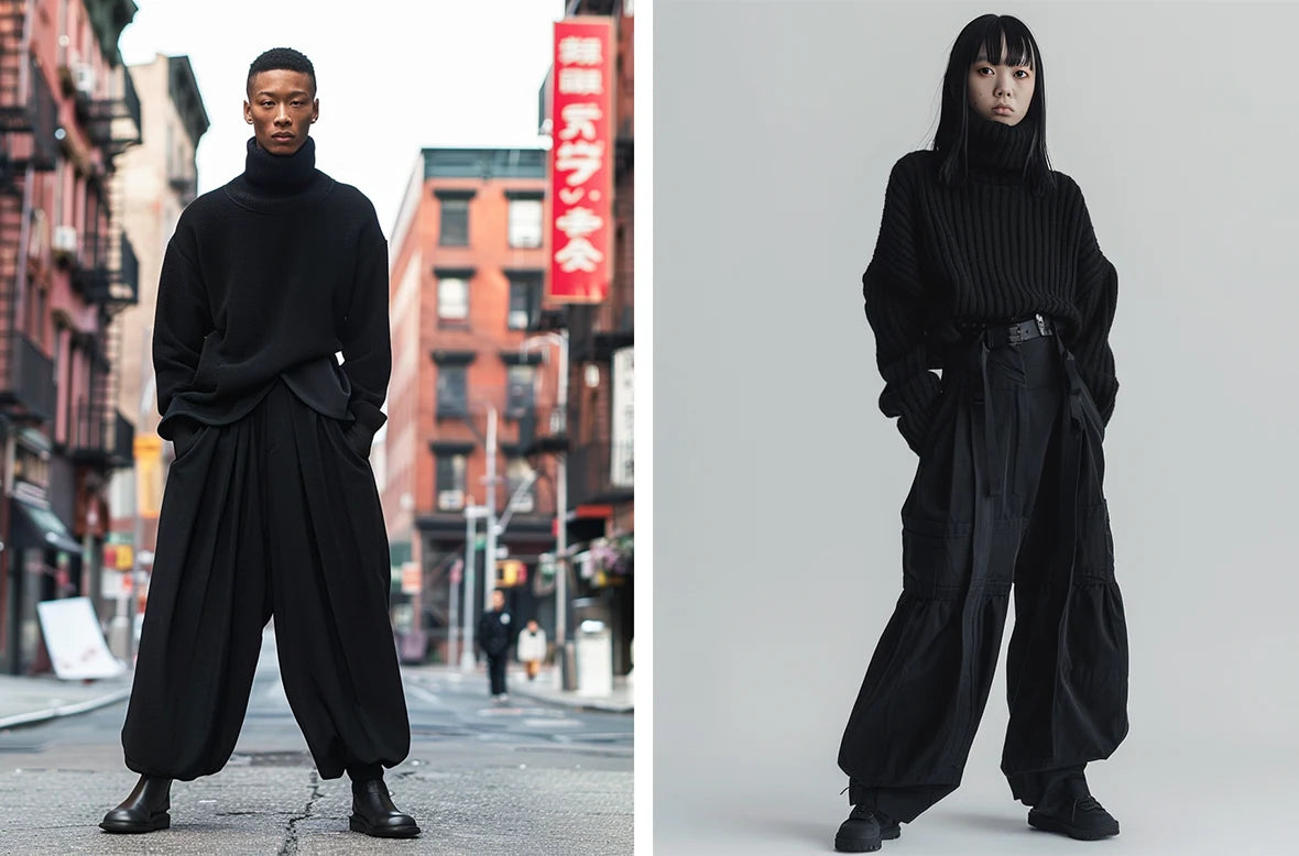 Two models, one male and one female, wearing hakama pants