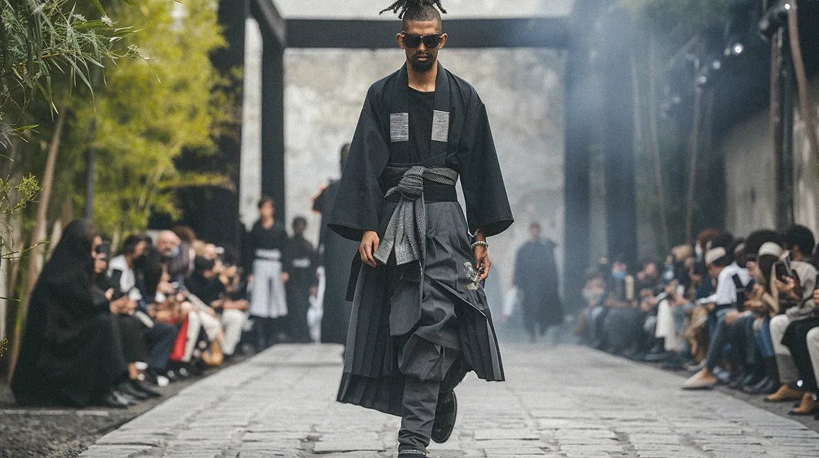 Black man in hakama pants for a runway