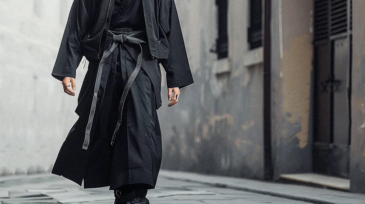 man walking in Black hakama pants