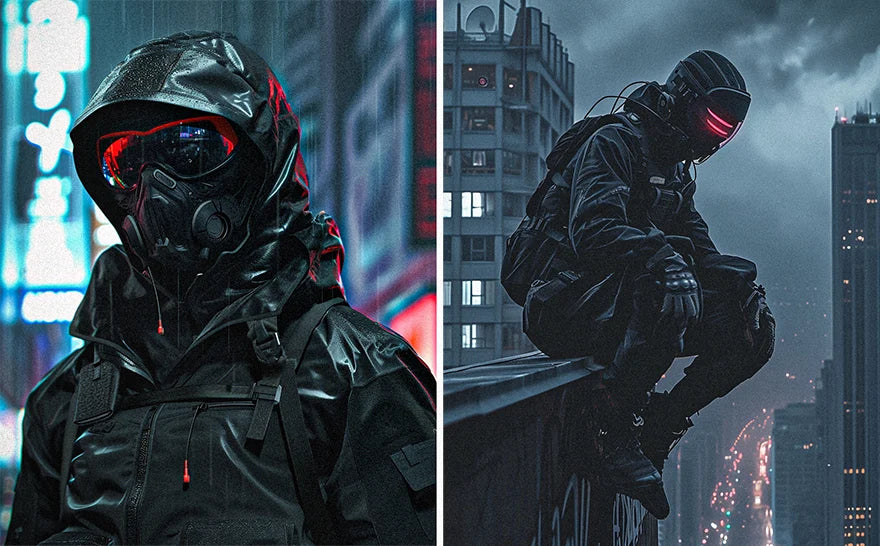 men in cyberpunk techwear outfits