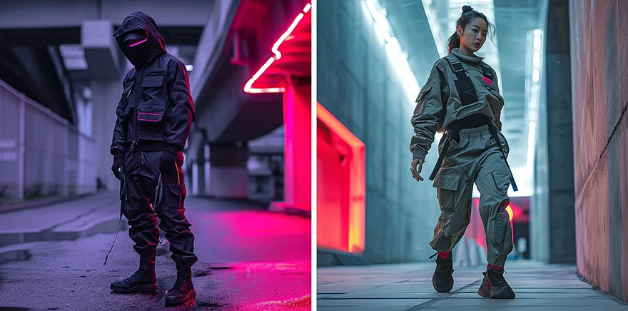two people in techwear outfits