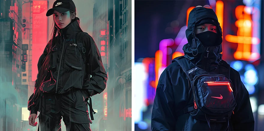 a man and a woman in techwear outfits