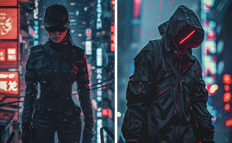a man and a woman dressed in cyberpunk techwear outfit