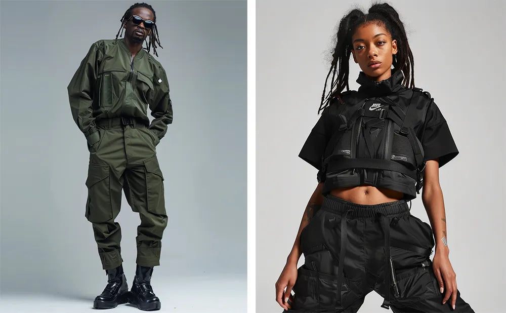 a black man and light skin woman in techwear outfit