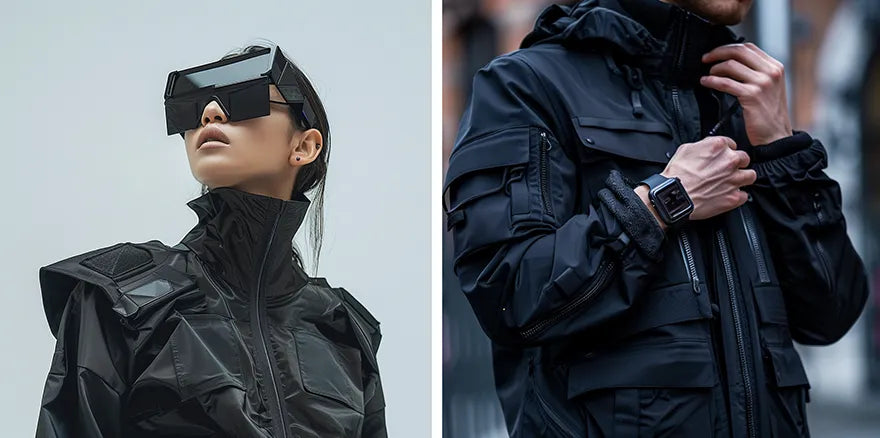 an asian woman and a techwear jacket with an apple watch