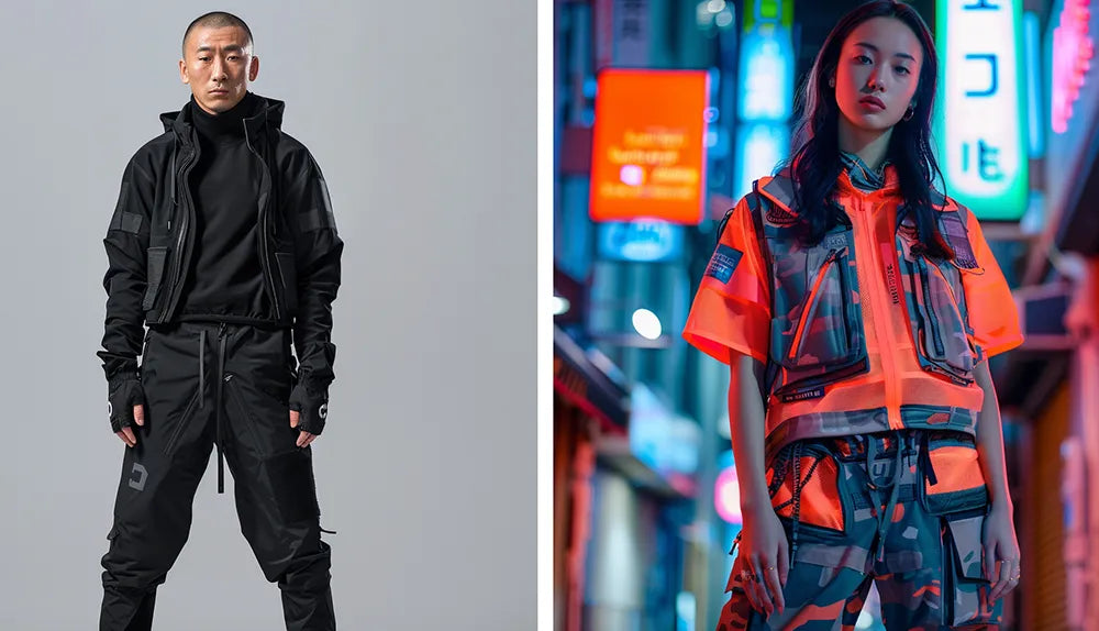 an asian man and a woman in modern techwear outfit